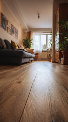 High-quality photo of low angle shot focuses on luxury vinyl plank flooring inside home. Floor wood planks create warm, cozy ambiance in house interior. Laminate parquet design.