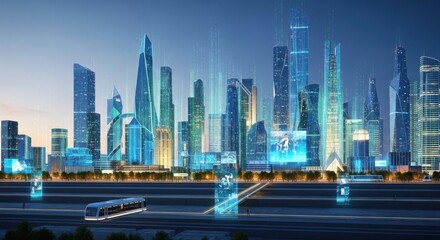 Fototapeta premium Futuristic City Skyline with Tall Modern Skyscrapers and Digital Holograms at Sunset