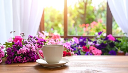 A cup of coffee sits on a wooden table, in front of a window with colorful flowers. Sunlight streams through the window