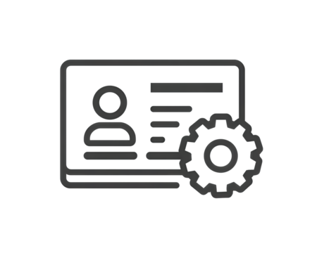 Flat monochrome workflow automation icon showing dashboard card with user profile, sliders, and gear symbol, isolated on transparent background.
