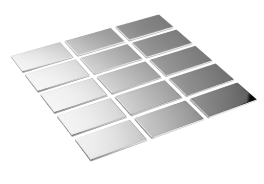 Polished metallic silver adhesive film rectangles, smooth, reflective, laser-cut, perfect grid on transparent background with copy space, bright studio light, concept of technological precision