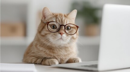 Cute ginger cat with glasses sitting at a desk beside a laptop, looking curiously at the computer screen in a cozy and modern home office setting