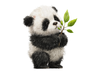 Playful panda bear clutching a tiny sprout, fluffy black-and-white fur detail, angled pose, isolated on transparent background.
