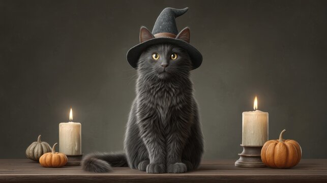 Enchanting black cat wearing a witch hat sits on a table surrounded by pumpkins and candles in a cozy autumn setting, perfect for Halloween themes