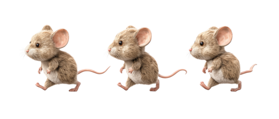 Progression of playful cartoon mice moving forward in charming poses, isolated on transparent background.
