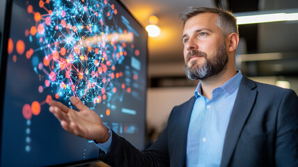 Man Analyzing Complex Data Network On Large Digital Display