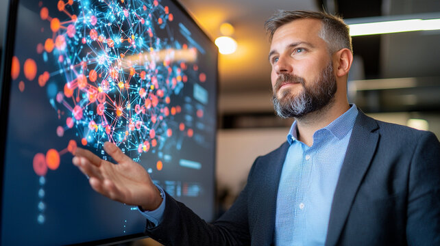 Man Analyzing Complex Data Network On Large Digital Display