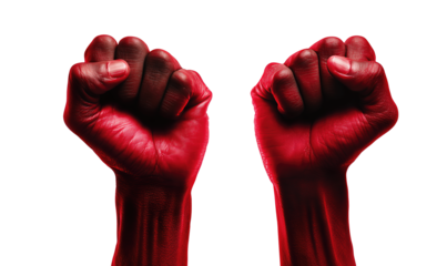 Two strong arms in red fabric raising clenched fists with dramatic effect, isolated on transparent background.
