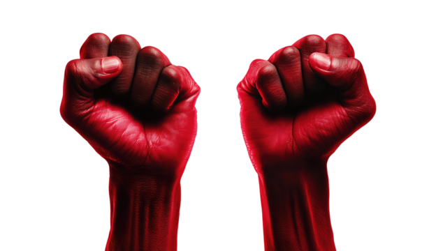 Two strong arms in red fabric raising clenched fists with dramatic effect, isolated on transparent background.
