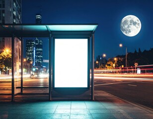 Illuminated Bus Stop at Night with Full Moon.