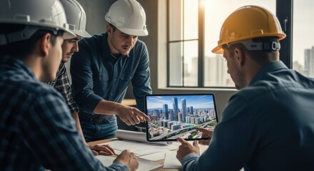 Team of Engineers Discussing Urban Construction Project in Bright Office