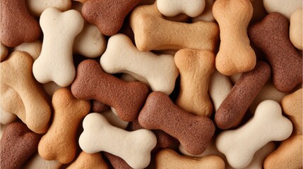 Fototapeta premium Colorful assortment of dog treats shaped like bones in various shades of brown, white, and cream, creating a vibrant background for pets and animals themes