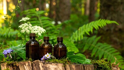 Amber bottles of liquid rest on a mossy forest stump, surrounded by wildflowers and greenery