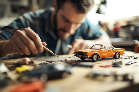 Fototapeta Man Assembling Orange Scale Model Car on Wood Table with Detailing Tool