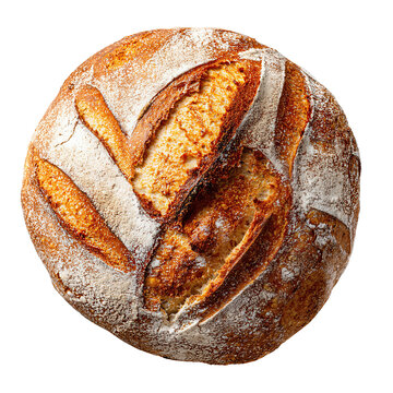 Round artisan bread boule with rustic flour dusting and deep score lines, top-down view, isolated on transparent background.
