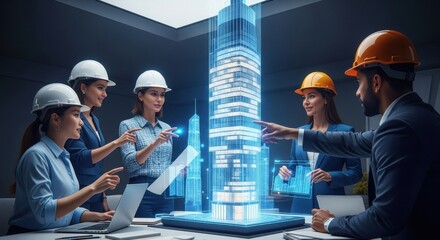 Team of Engineers in Hard Hats Analyzing a 3d Digital Building Model in Modern Office