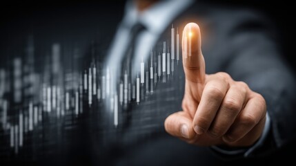 Person engaging with a touch screen display to illustrate predictive financial exposure assessment and risk analysis