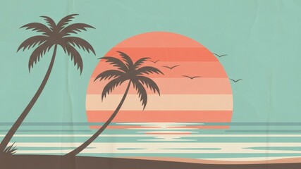 Fototapeta premium Tropical sunset over the ocean with palm trees, serene beach landscape and gentle waves