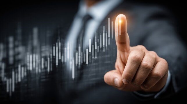 Person engaging with a touch screen display to illustrate predictive financial exposure assessment and risk analysis