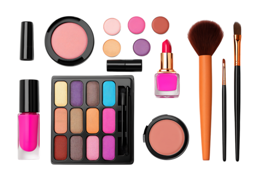A comprehensive collection of colorful makeup products and brushes, elegantly isolated on a transparent background