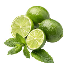 Fresh limes and mint leaves isolated on transparent background