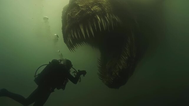 Deep sea encounter a diver faces a colossal creature in murky underwater depths