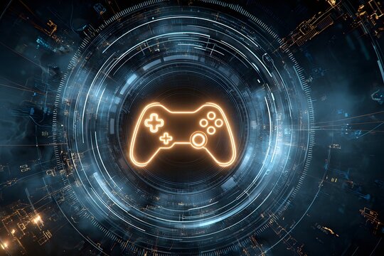 A glowing game controller icon in the center of an abstract digital circle, surrounded by circuit patterns and futuristic tech elements, 