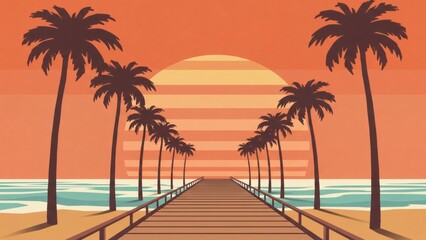 Sunset Beach Walk, Palm Trees, Ocean View, Digital Illustration, Tropical Environment