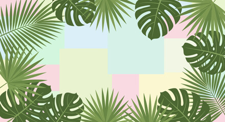 Tropical palm leaves frame a pastel grid background, evoking a summer vacation vibe