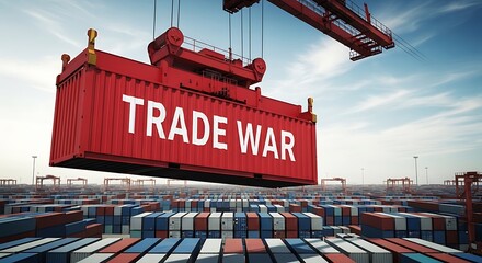 Massive red shipping container labeled TRADE WAR dramatically suspended over vast stacks of global cargo