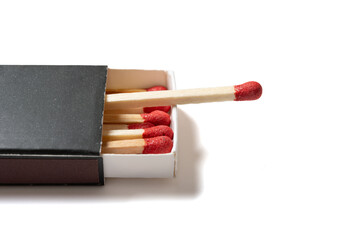 angle view black matchbox on a white background at horizontal composition