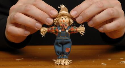 Large hands carefully adjust a charming, tiny scarecrow doll, made of straw and fabric, with a stitched smile and a classic flannel and denim outfit.