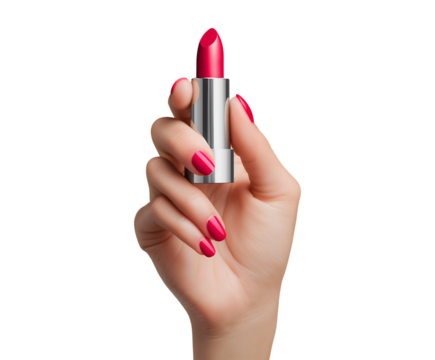 A woman's hand, adorned with perfectly manicured pink nails, gracefully holds a bright fuchsia lipstick isolated on a transparent background