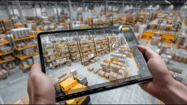 Hands Holding Tablet Showing Digital Twin of Smart Warehouse for Logistics Management and Inventory Control