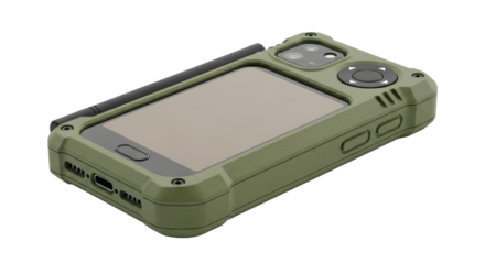 Retro-inspired, chunky olive green smartphone made of rough recycled plastic, reinforced corners, sepia screen, antenna, on white background with copy space, durable product concept