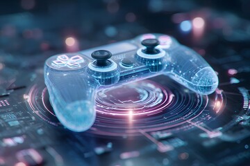 A glowing game controller icon in the center of an abstract digital circle, surrounded by circuit patterns and futuristic tech elements, 