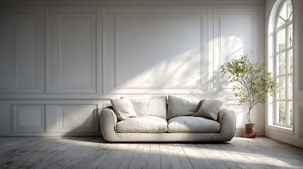 A bright, minimalist living room with a comfortable white sofa, a potted plant, and a large arched window. Sunlight creates soft shadows on the white walls.
