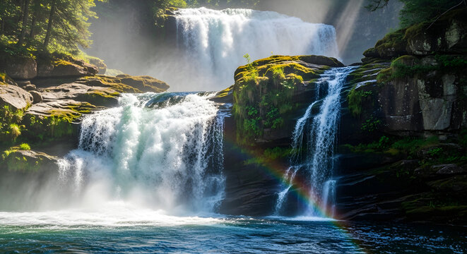 A majestic multi-tiered waterfall cascades down moss-covered rocks, with a vibrant rainbow arching through the mist. - Powered by Adobe