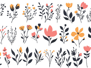 Collection of delicate hand drawn floral elements with botanical sprigs and blossoms