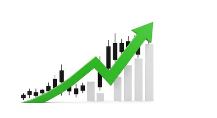Financial chart with candlestick patterns and a green upward trend arrow, indicating growth.