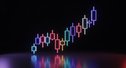 Neon candlestick chart representing financial data, glowing against a dark background, reflecting light.