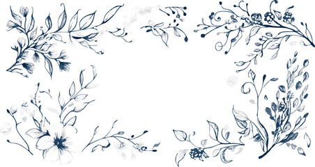 Fototapeta premium Delicate watercolor floral border with blue and white botanical elements and empty center