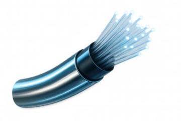 Luminescent fiber optic cable transferring digital data, representing cutting-edge telecommunications network on transparent surface
