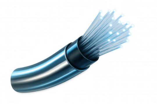 Luminescent fiber optic cable transferring digital data, representing cutting-edge telecommunications network on transparent surface