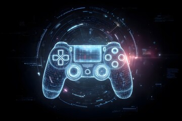 A glowing game controller icon in the center of an abstract digital circle, surrounded by circuit patterns and futuristic tech elements, 