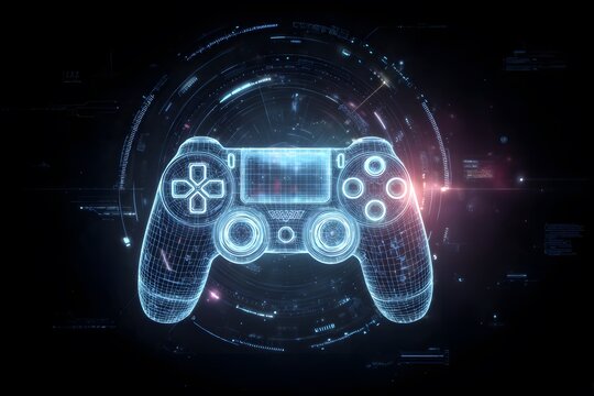 A glowing game controller icon in the center of an abstract digital circle, surrounded by circuit patterns and futuristic tech elements, 