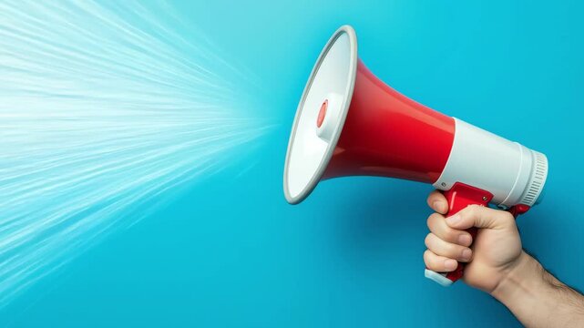 A hand holds a megaphone against a blue background to amplify messages during an engaging event