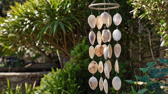 Captivating seashell wind chime creates serene garden ambiance with natural ocean sounds and coastal charm, evoking relaxation and summer vibes.