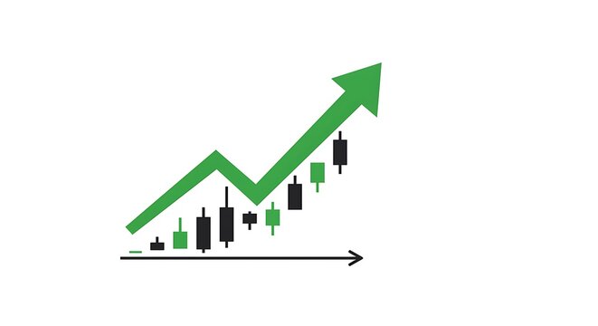 A green arrow pointing upwards over a stock market candlestick chart indicating financial growth.
