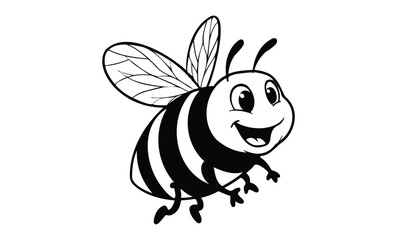 Happy cartoon bee drawing with large eyes and striped body. Vector retro hand drawn illustration
